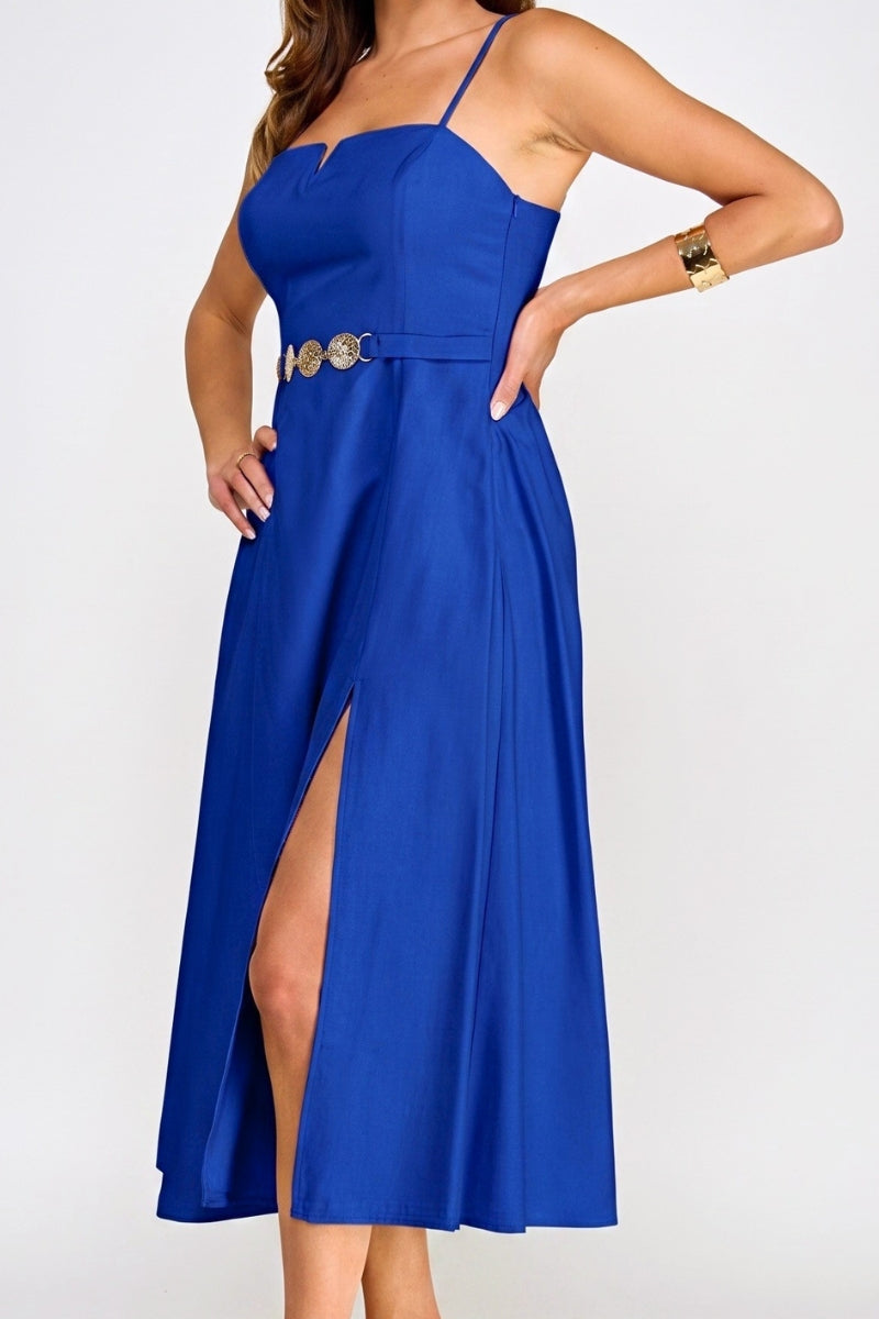Blue dress with a belt and slit on a white background