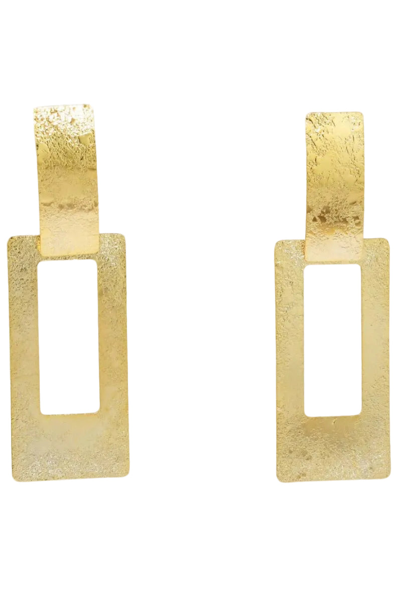Gold earrings with rectangular designs on a light gray background