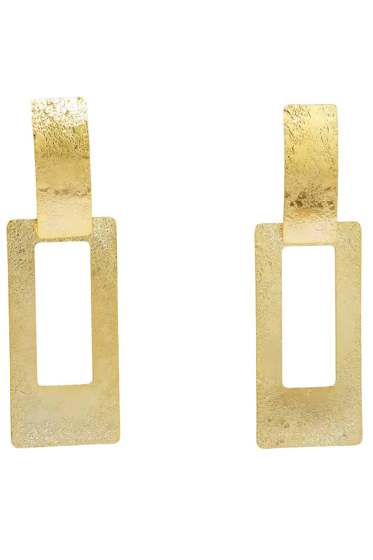 Gold earrings with rectangular designs on a light gray background