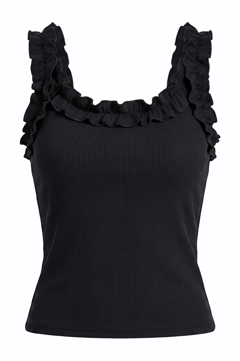 A black ribbed tank top with ruffled trim along the scoop neckline and wide shoulder straps, shown against a plain white background.