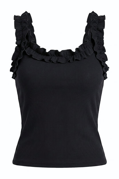 A black ribbed tank top with ruffled trim along the scoop neckline and wide shoulder straps, shown against a plain white background.