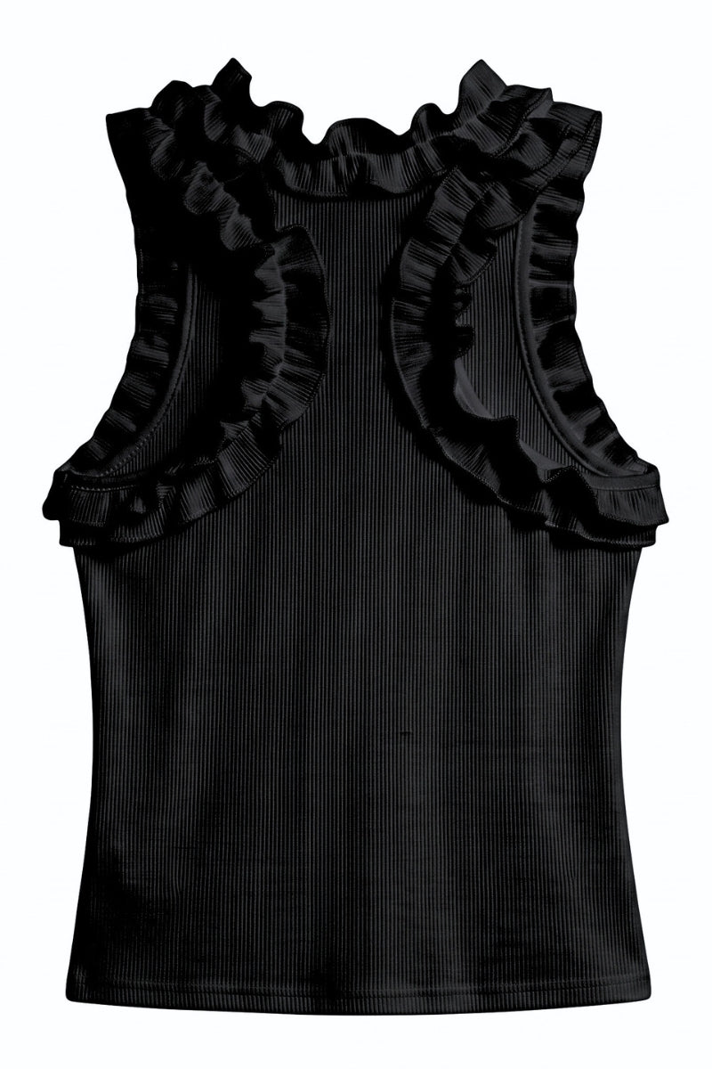 A black sleeveless ribbed tank top featuring dramatic ruffled trim along the neckline and shoulders, shown against a plain white background.