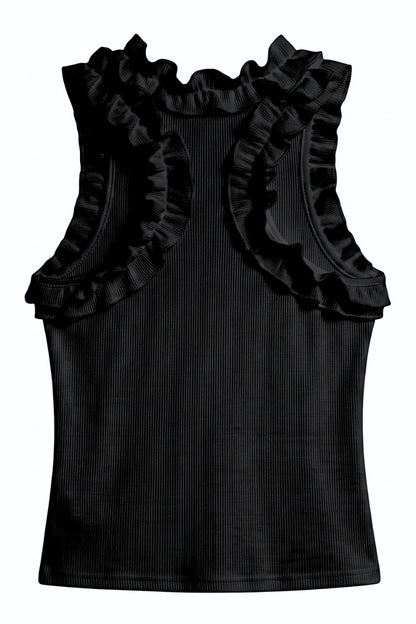 A black sleeveless ribbed tank top featuring dramatic ruffled trim along the neckline and shoulders, shown against a plain white background.