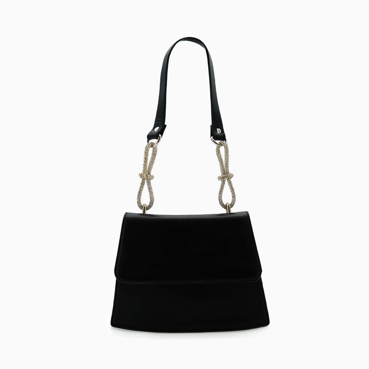 Black handbag with a unique strap design on a white background