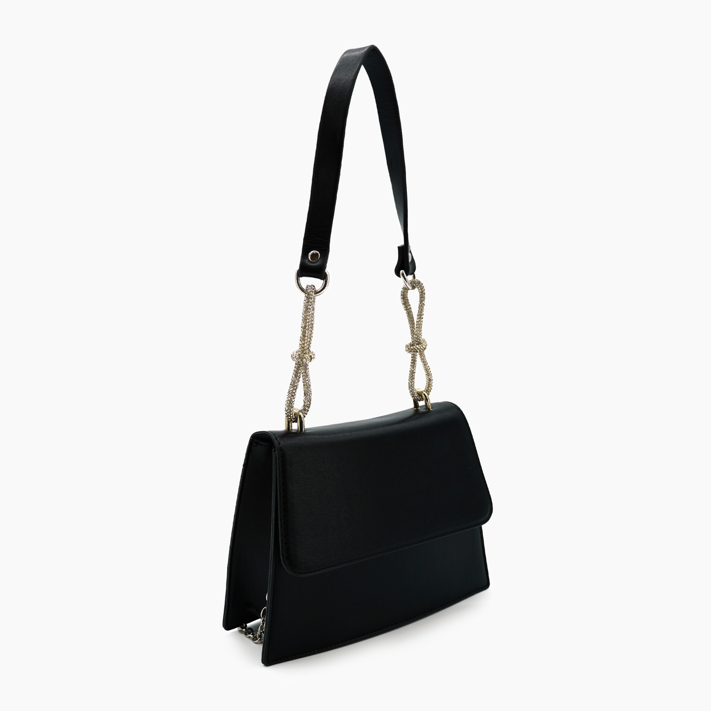 Black handbag with a unique strap design on a white background