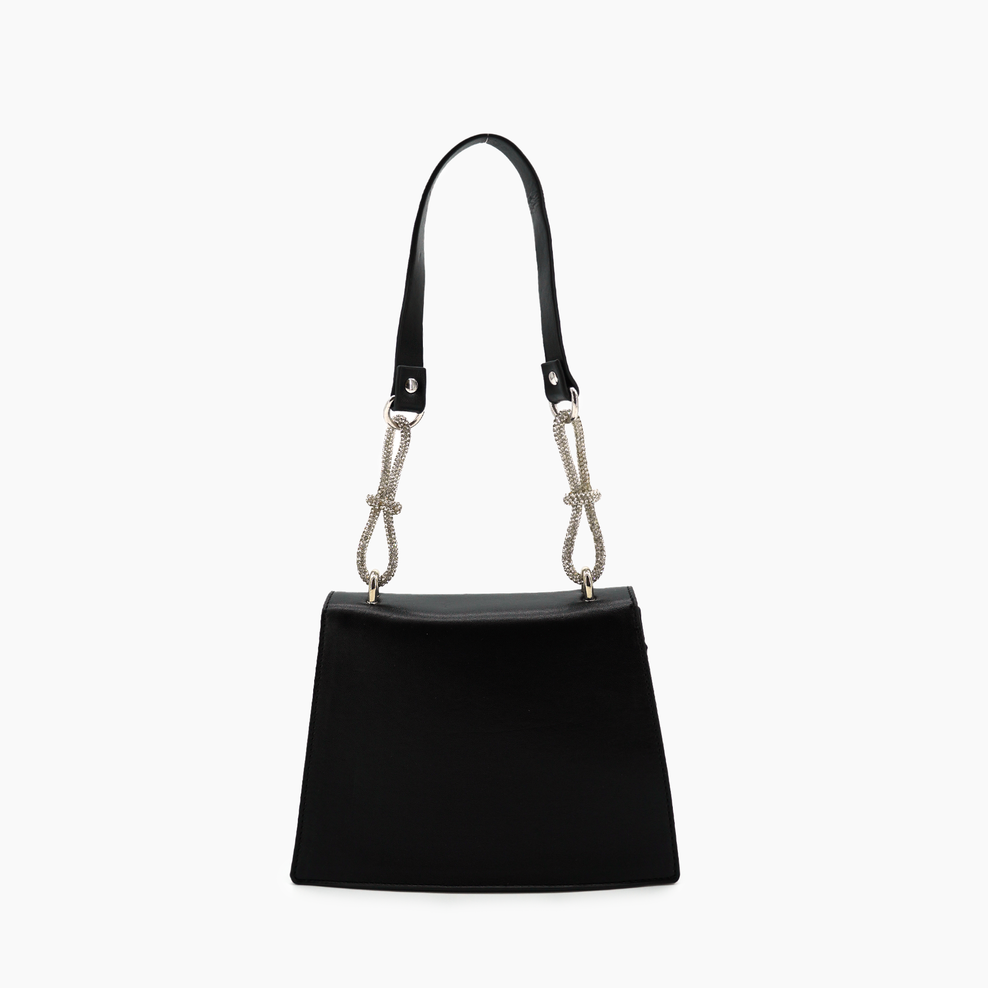 Black handbag with a decorative strap on a white background