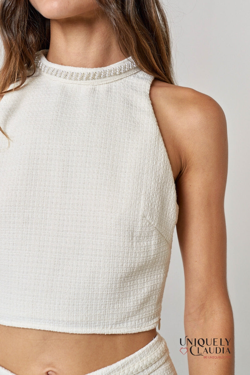 Brigitte Tweed Pearl Embellished Halter Top & Short Set | Uniquely Claudia Boutique