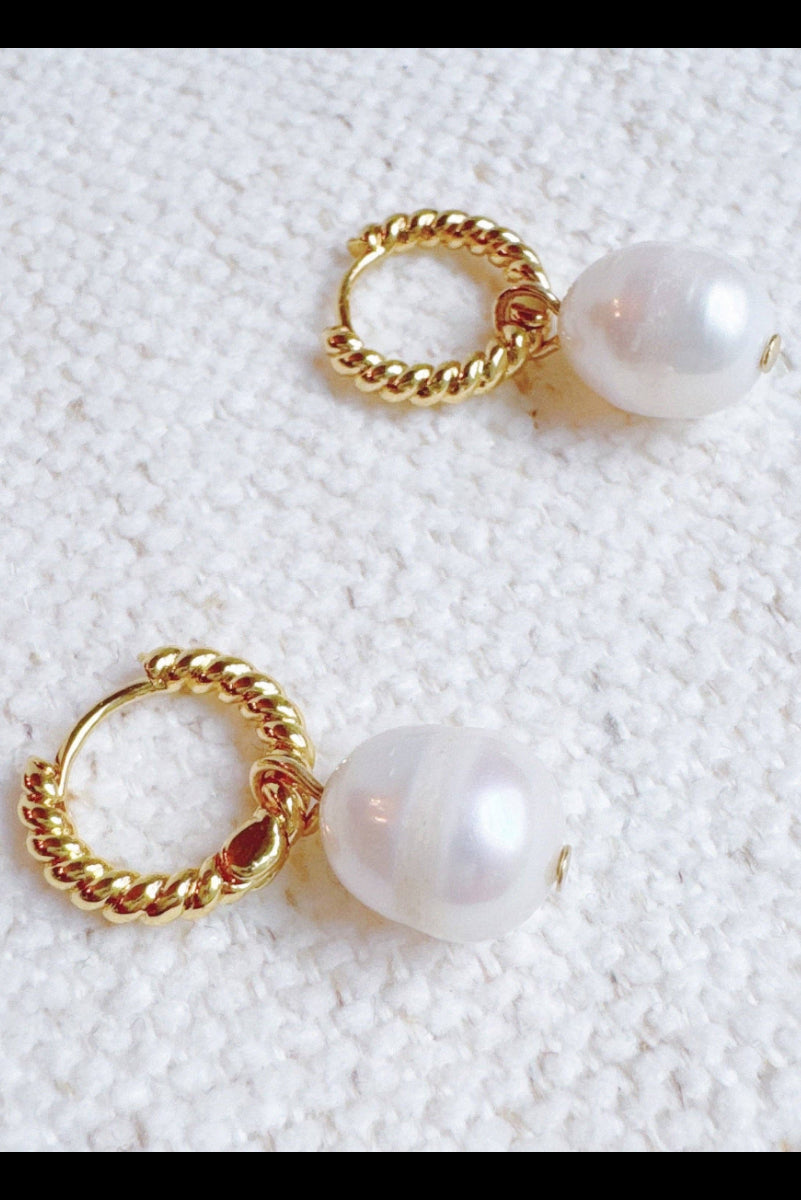 Cabled Huggie Natural Pearl Hoop Earrings - Uniquely Claudia Boutique