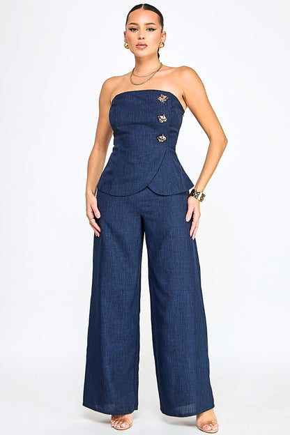 Catalina Large Button Embellished Strapless Jumpsuit - Uniquely Claudia Boutique