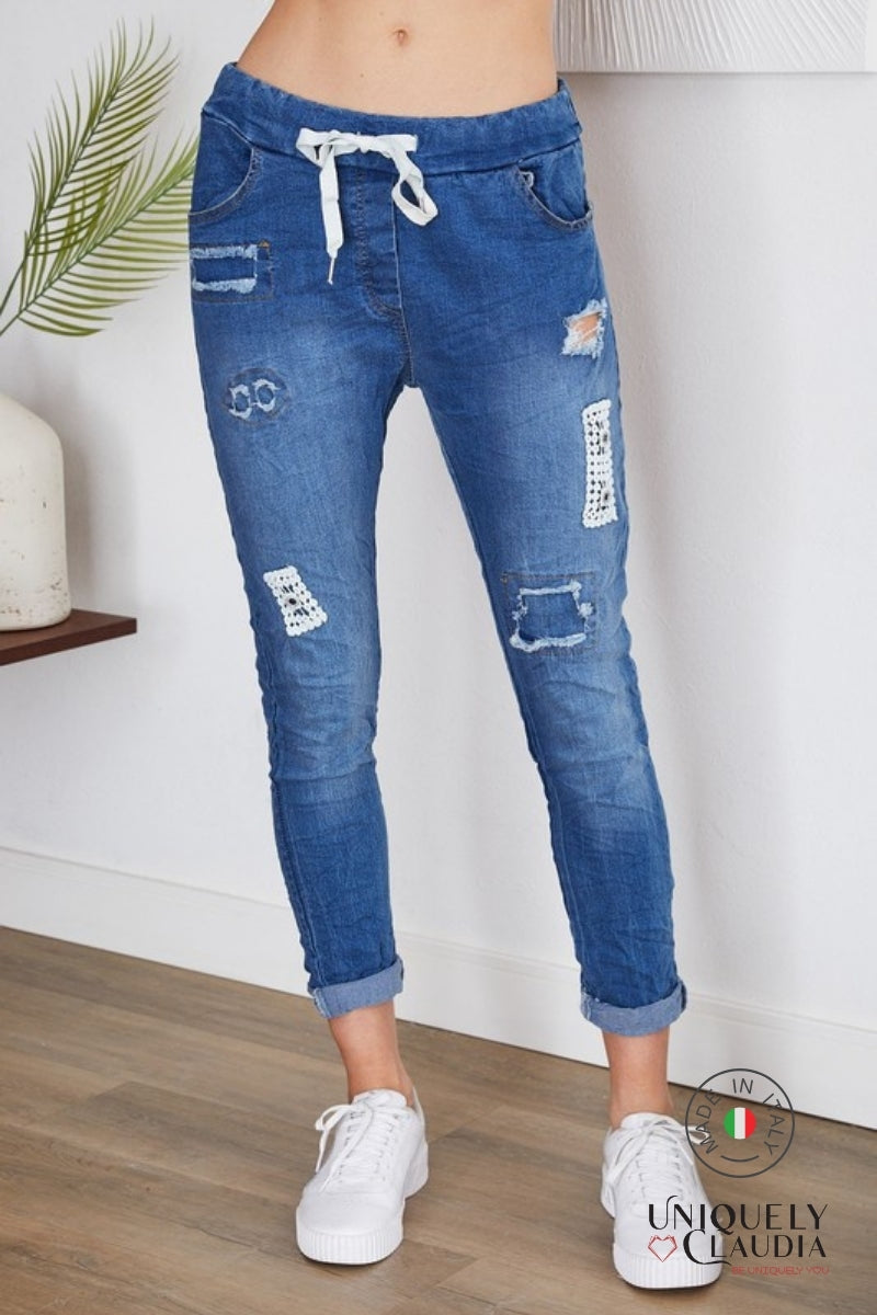 Caterina Lace Embellished Denim Joggers - Uniquely Claudia Boutique