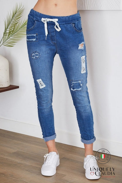Caterina Lace Embellished Denim Joggers - Uniquely Claudia Boutique