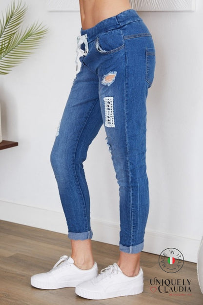 Caterina Lace Embellished Denim Joggers - Uniquely Claudia Boutique