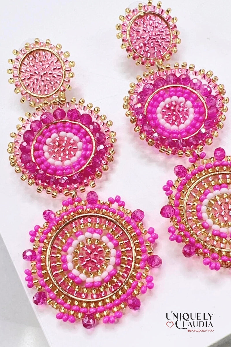 Beaded Earrings | Chelsea Pink Beaded Medallion Earrings | Uniquely Claudia Boutique