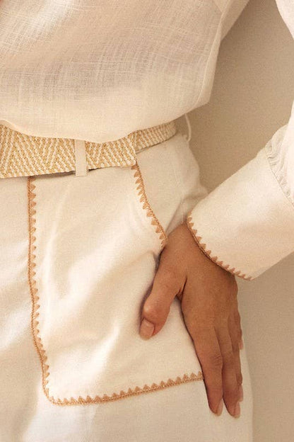 Cherine Embroidered Detail & Belt Linen Pants