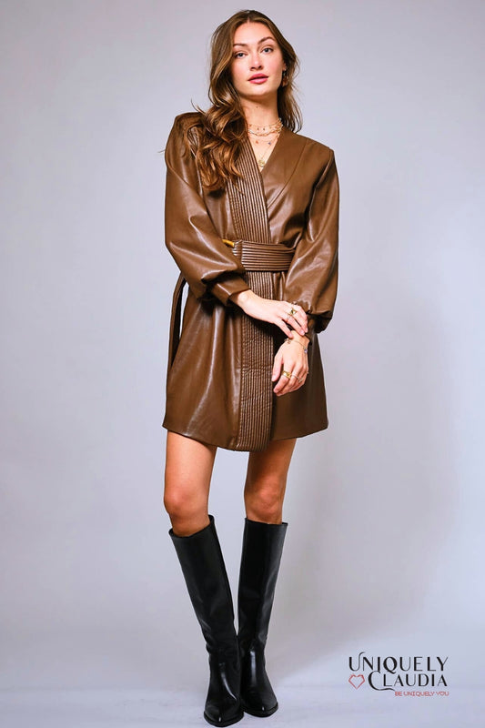 Cherya Brown Faux Leather Belted Wrap Mini Dress