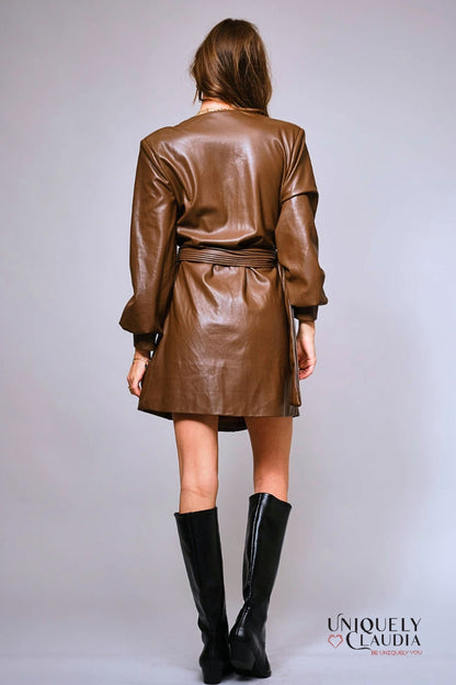 Cherya Brown Faux Leather Belted Wrap Mini Dress