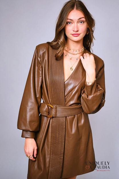Cherya Brown Faux Leather Belted Wrap Mini Dress