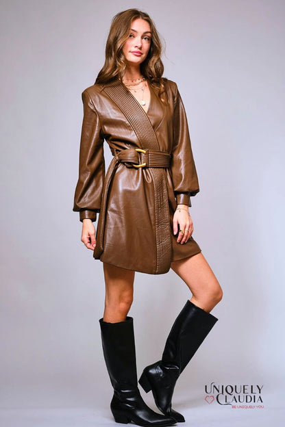 Cherya Brown Faux Leather Belted Wrap Mini Dress