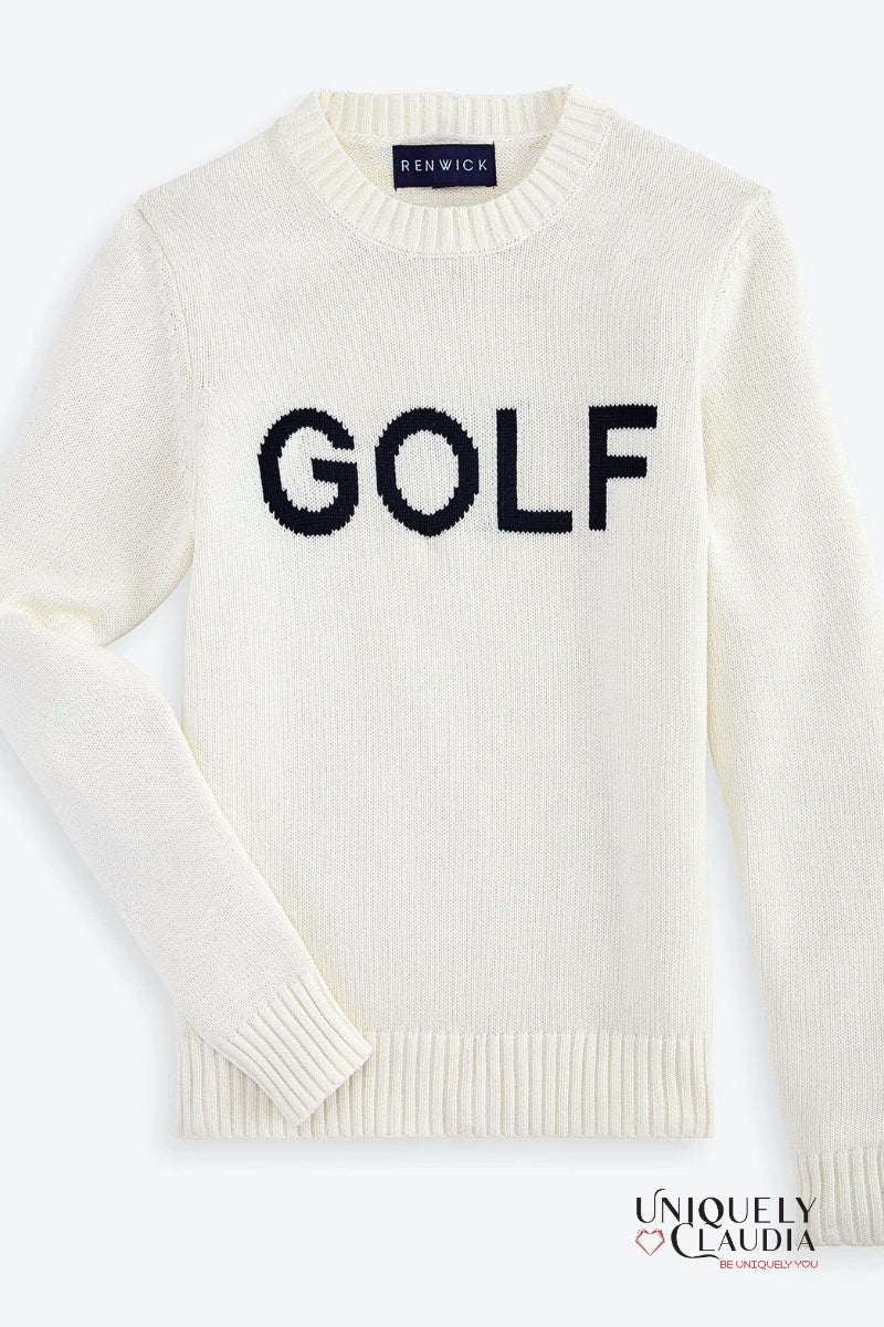 White sweater with 'GOLF' text on a white background