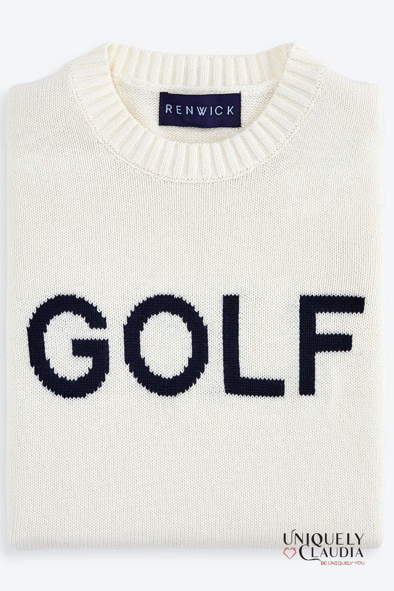 White sweater with 'GOLF' text and Renwick label on a white background