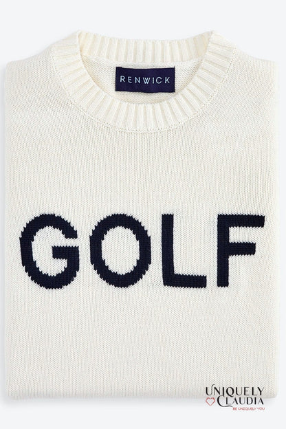White sweater with 'GOLF' text and Renwick label on a white background