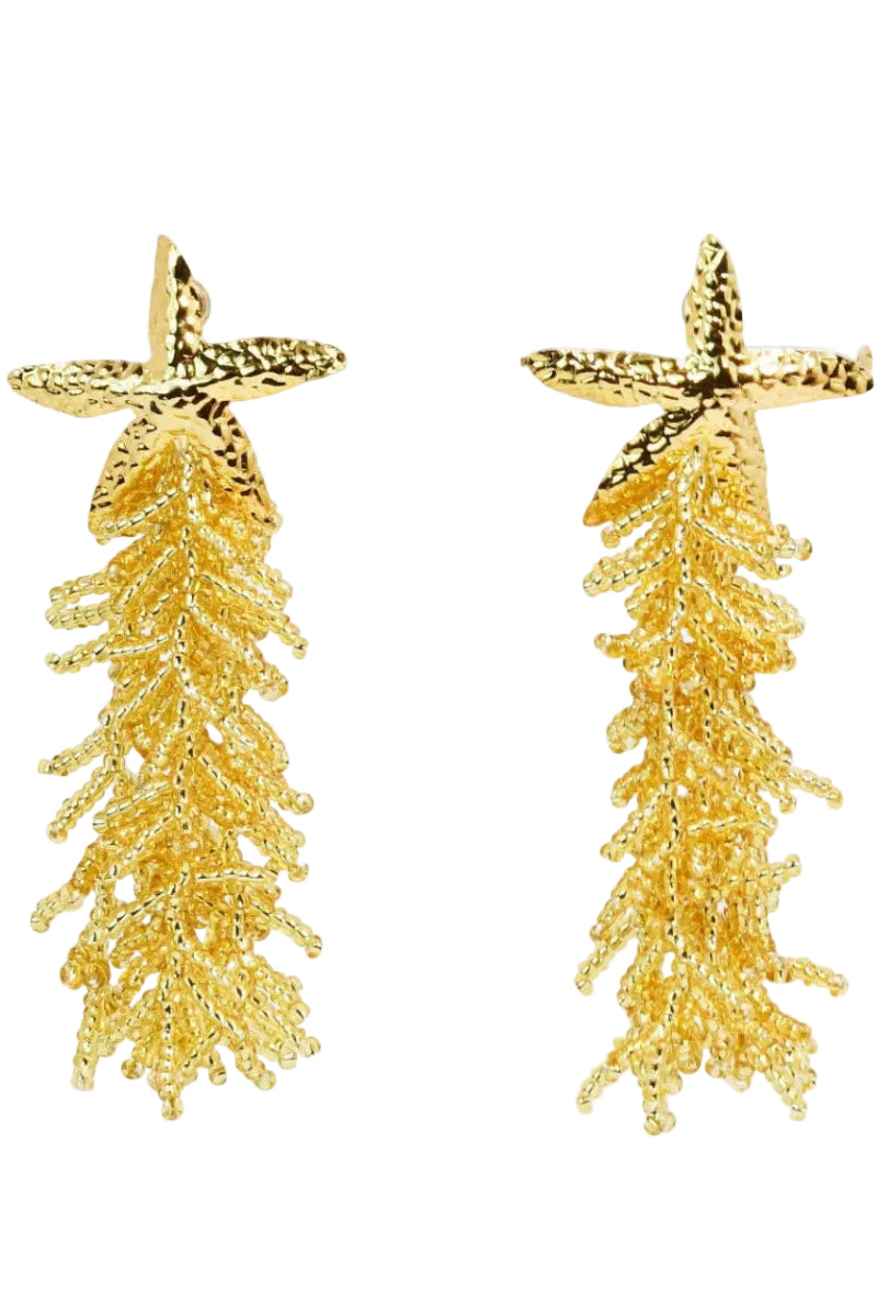 Gold starfish earrings on a light gray background
