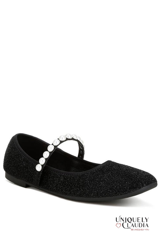 Corphee Pearl Strapped Black Glitter Ballerinas - Uniquely Claudia Boutique