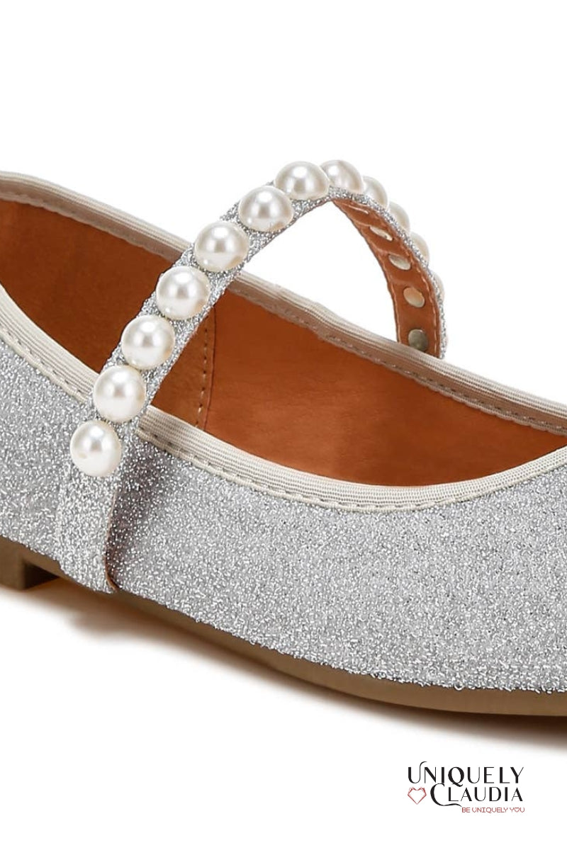 Silver glitter sandal with pearl strap on a white background