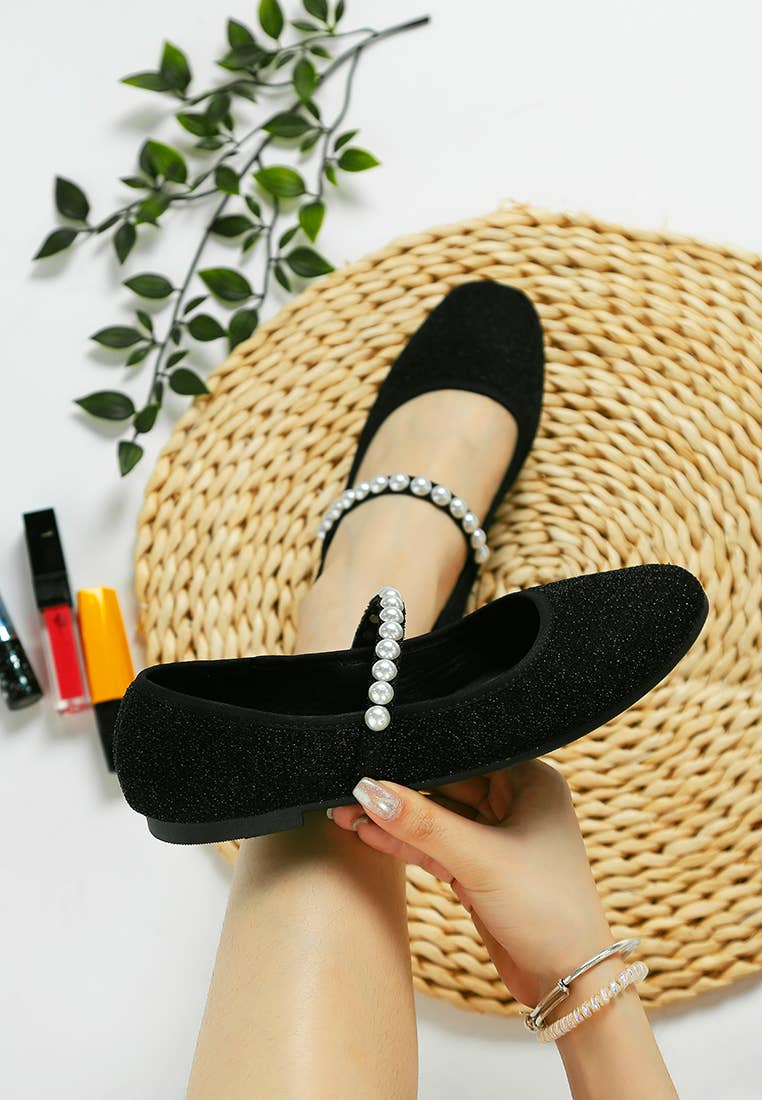 Corphee Pearl Strapped Glitter Ballerinas | Uniquely Claudia Boutique