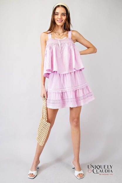 Women's Sets | Courtney Pretty in Pink Crochet Trim Ruffle Top & Mini Skirt Set | Uniquely Claudia