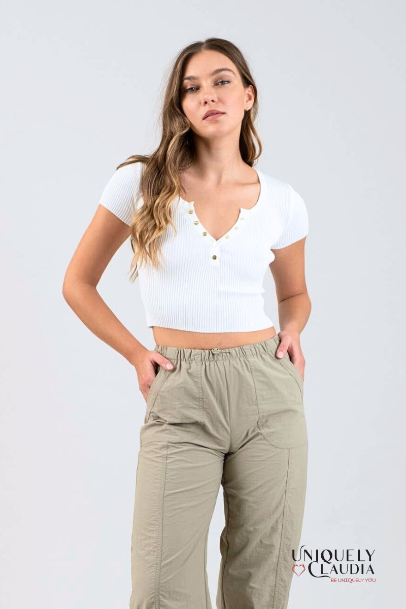 Cynthia Snap Button Sweater Knit Crop Top - Uniquely Claudia Boutique