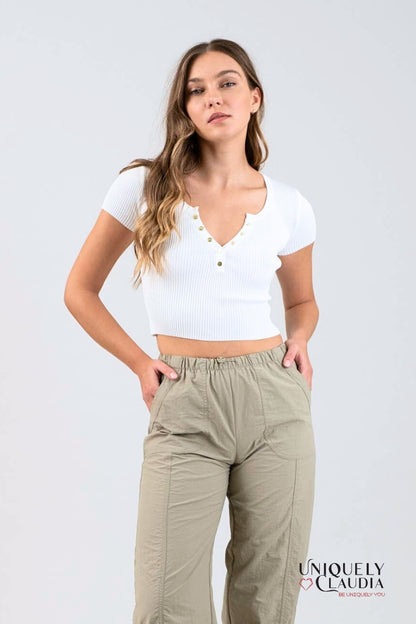 Cynthia Snap Button Sweater Knit Crop Top - Uniquely Claudia Boutique