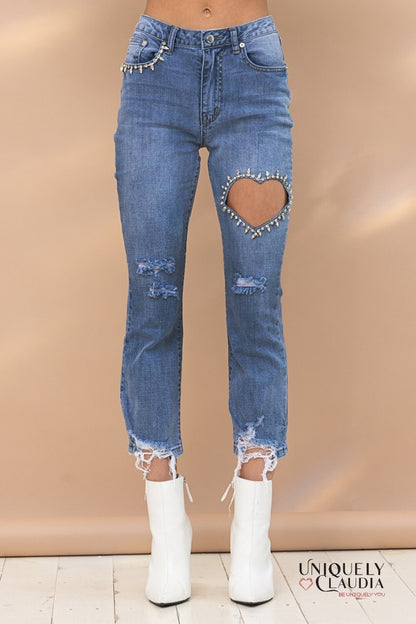 Dacia Embellished Heart Cut Out Denim Ankle Jeans