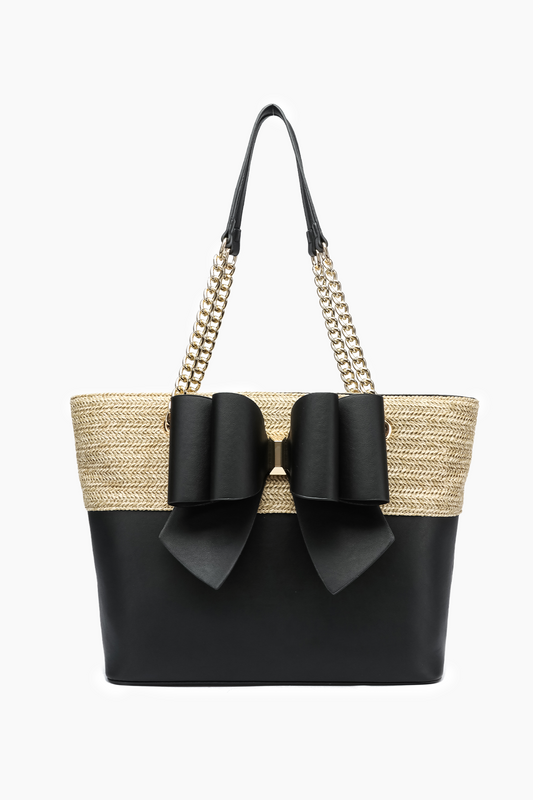 Daisy Bowtie Dual Straw Tote Bag: Black | Uniquely Claudia Boutique 
