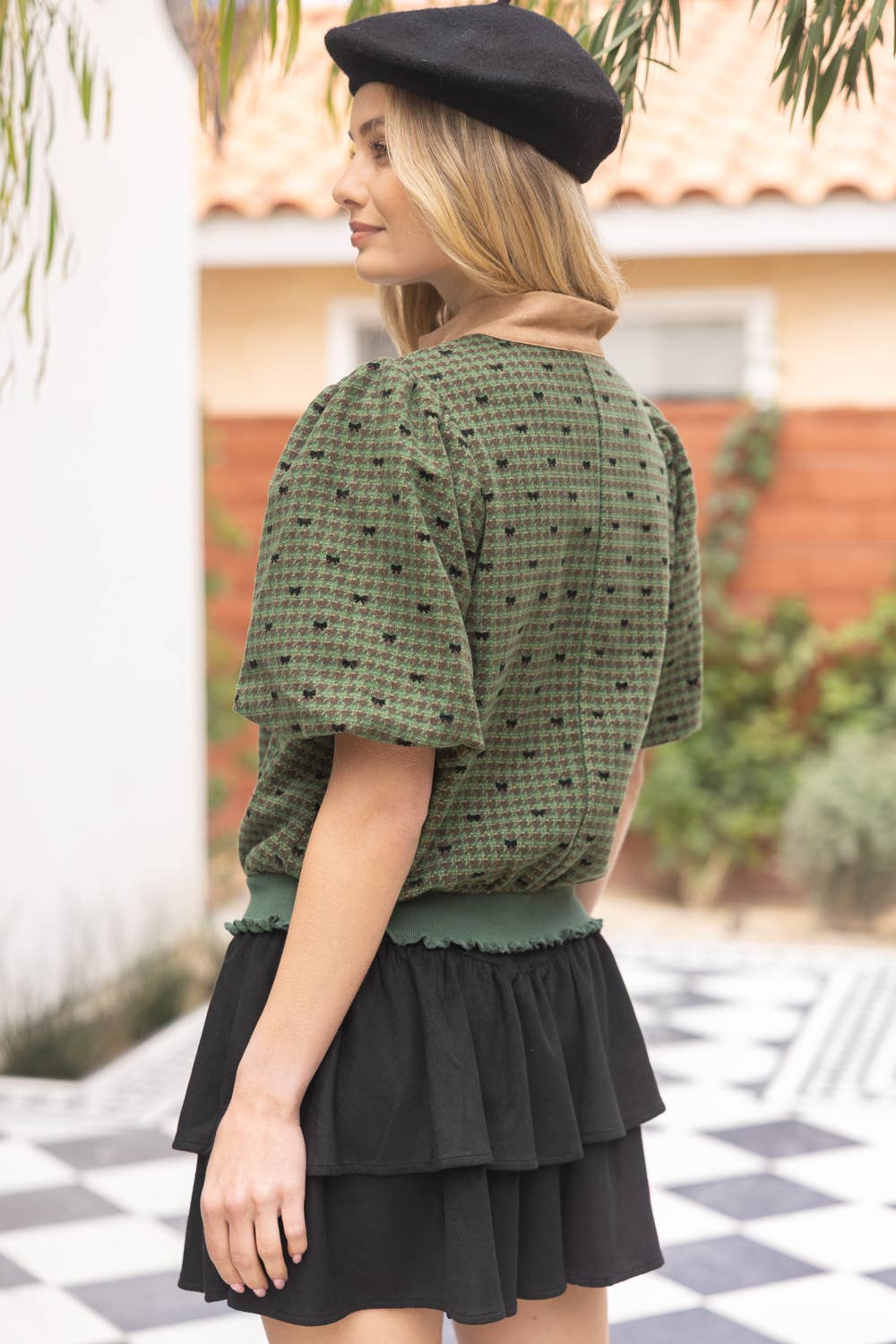 Daisy Snap Buttoned Contrast Placket Bow Flannel Top