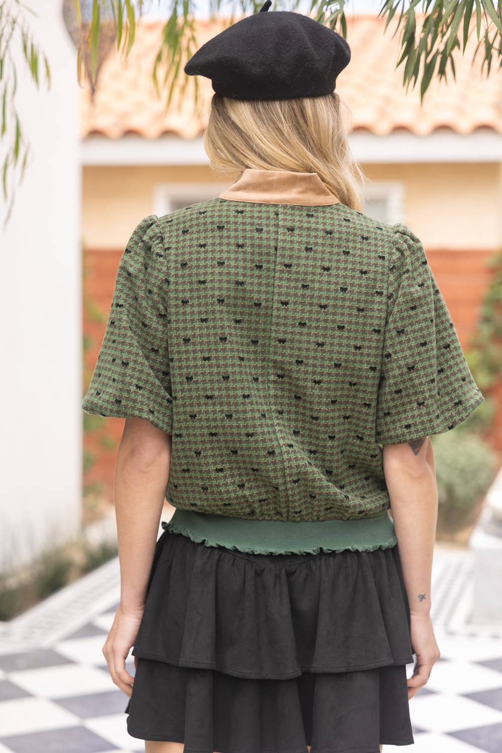 Daisy Snap Buttoned Contrast Placket Bow Flannel Top