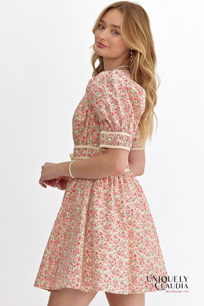 Darleen Velvet Trim Smocking Waist Mini Dress | Uniquely Claudia Boutique