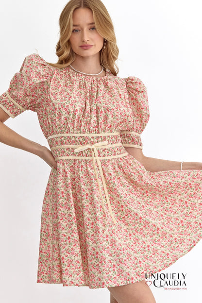 Darleen Velvet Trim Smocking Waist Mini Dress | Uniquely Claudia Boutique