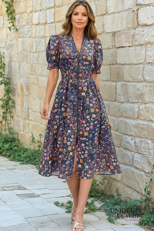 Delia Floral Print Puff Shoulder Midi Dress