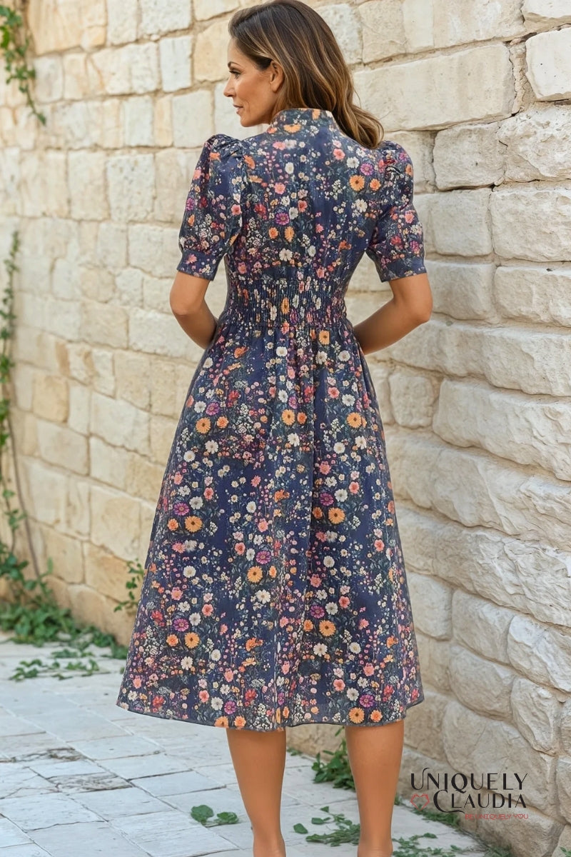 Delia Floral Print Puff Shoulder Midi Dress