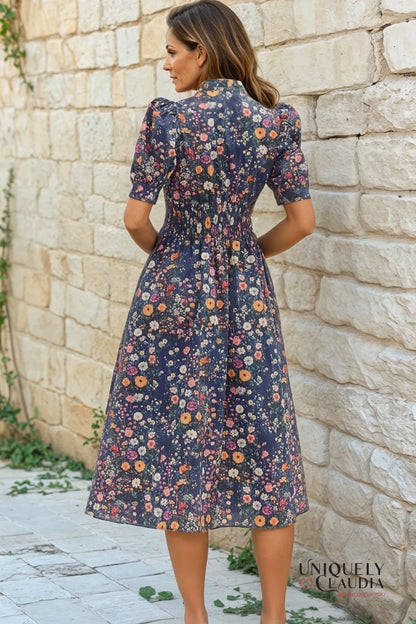 Delia Floral Print Puff Shoulder Midi Dress