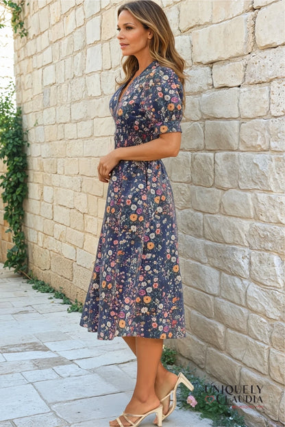 Delia Floral Print Puff Shoulder Midi Dress