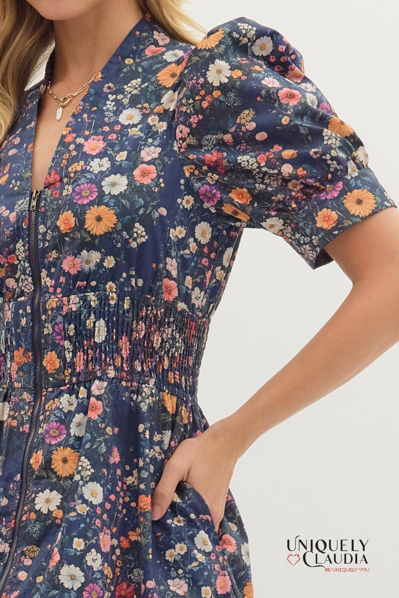 Delia Floral Print Puff Shoulder Midi Dress