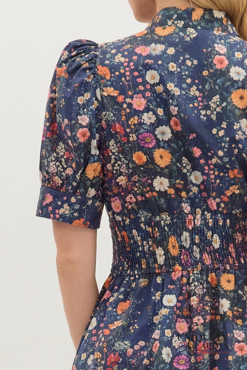 Delia Floral Print Puff Shoulder Midi Dress