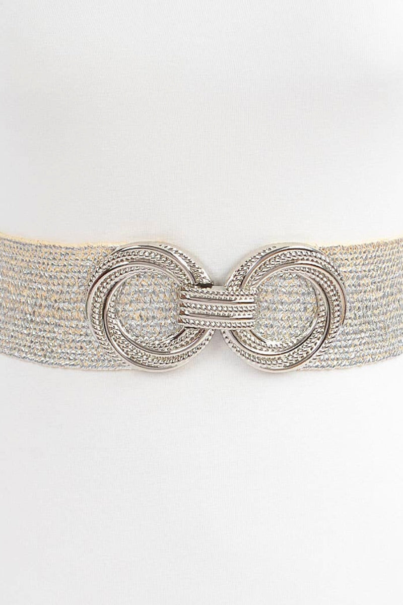 Wide belt with a silver chain-like buckle on a white background