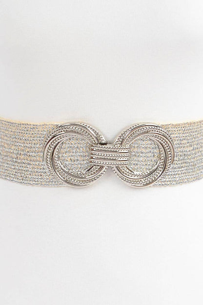 Wide belt with a silver chain-like buckle on a white background