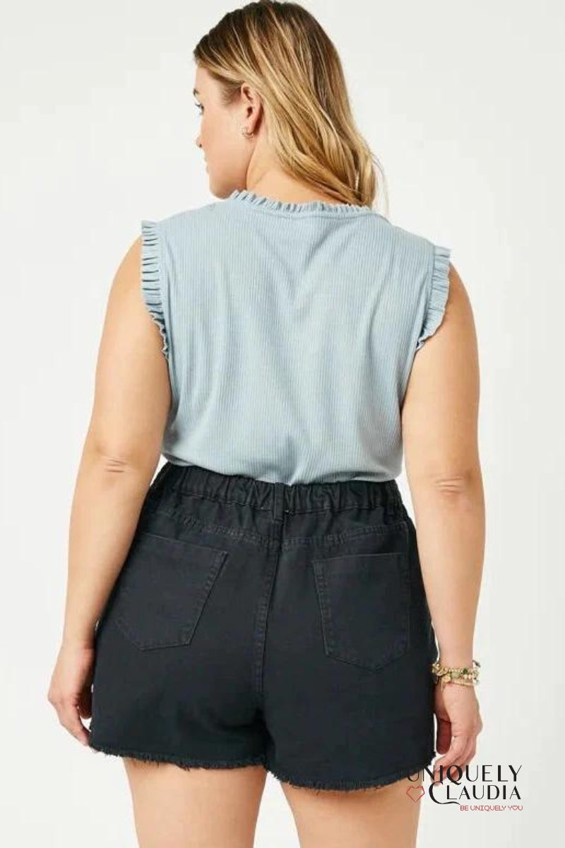 PLUS: Erica Distressed Hemmed Black Denim Shorts | Uniquely Claudia Boutique 