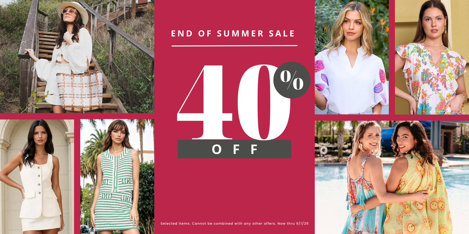 End of summer sale advertisement with models in summer clothing and a 40% off discount.