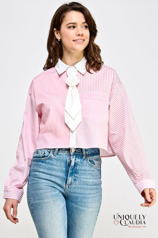 Elle Striped Collared Shirt With Rosette Tie | Uniquely Claudia Boutique
