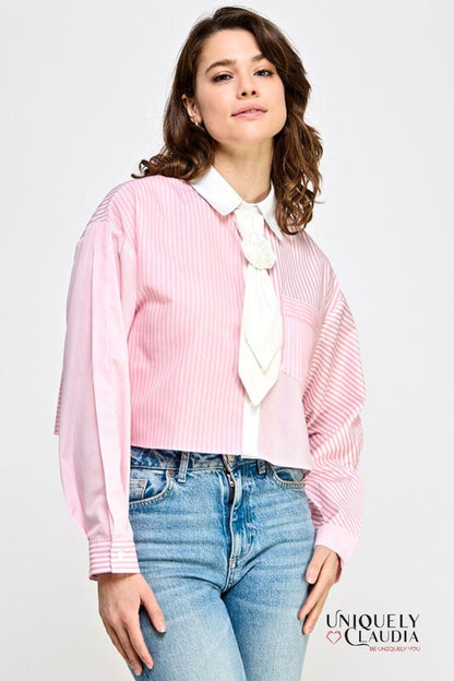 Elle Striped Collared Shirt With Rosette Tie | Uniquely Claudia Boutique